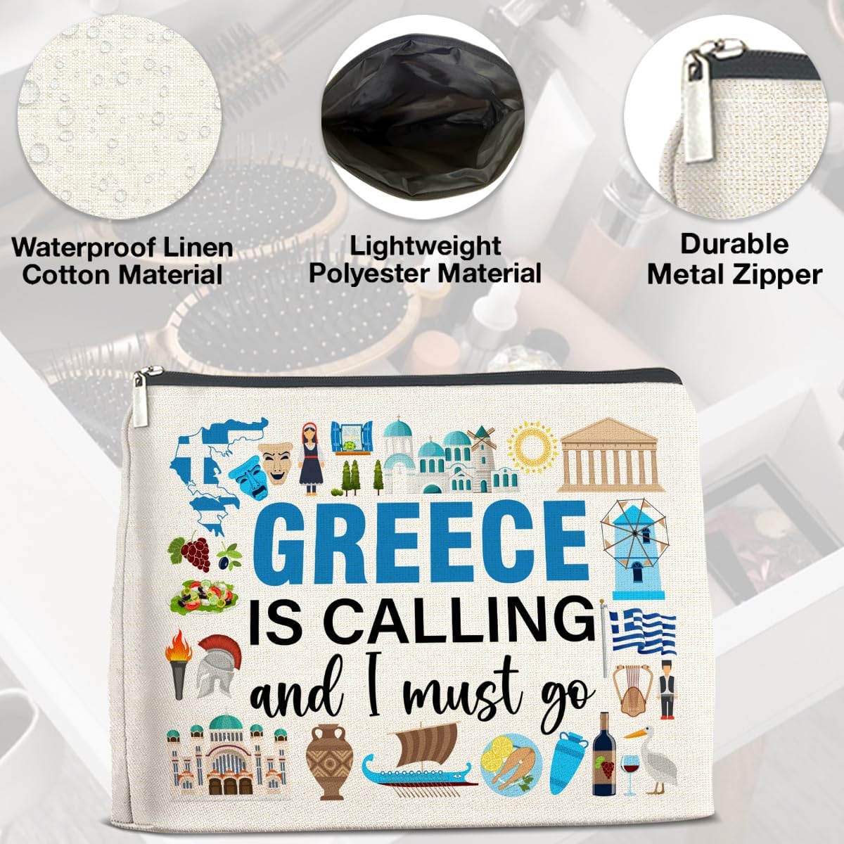 Greece Travel Gifts Makeup Bag Souvenir Gifts for Women Friends Traveler Cosmetic Bag Greece Is Calling Zipper Makeup Pouch Gift