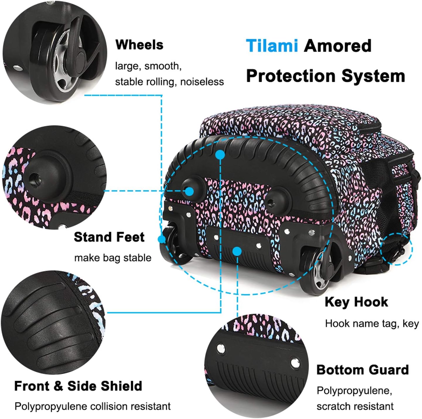 Tilami Rolling Backpack 18 inch Wheeled Backpack School College Student Travel Trip Boys and Girls