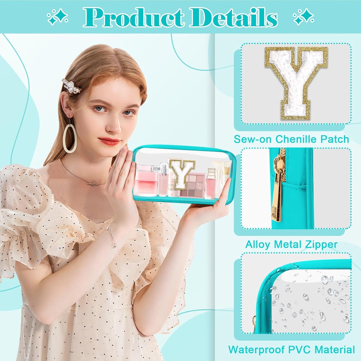 Personalized Initial Letter Clear Makeup Bag,Preppy Small Nylon&PVC Cosmetic Zipper Bag with