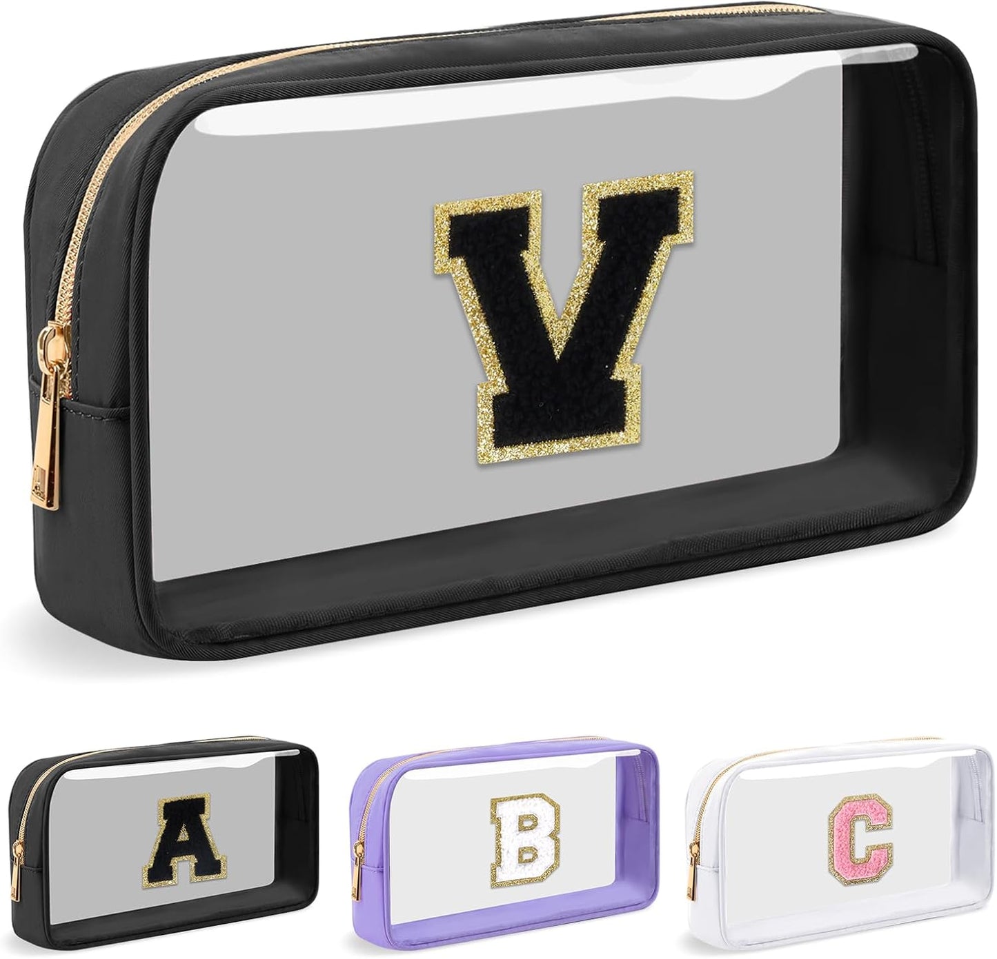 Personalized Initial Letter Clear Makeup Bag,Preppy Small Nylon&PVC Cosmetic Zipper Bag with Chenille Letter,Travel Skincare Toiletry Bag,Monogram Christmas Gift for Teen Girls Women,V