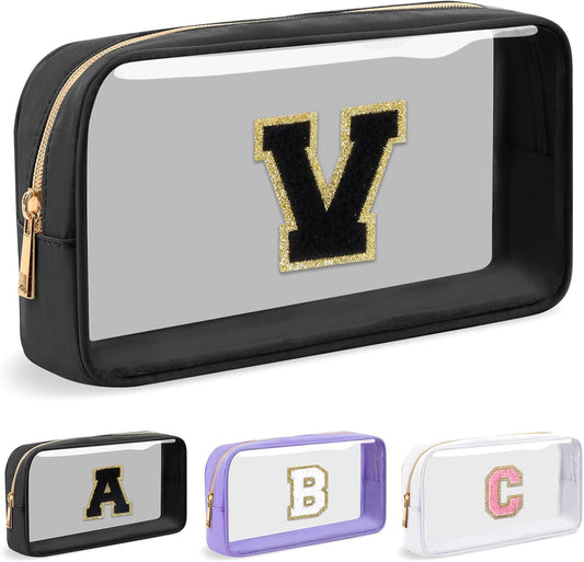 Personalized Initial Letter Clear Makeup Bag,Preppy Small Nylon&PVC Cosmetic Zipper Bag with Chenille Letter,Travel Skincare Toiletry Bag,Monogram Christmas Gift for Teen Girls Women,V