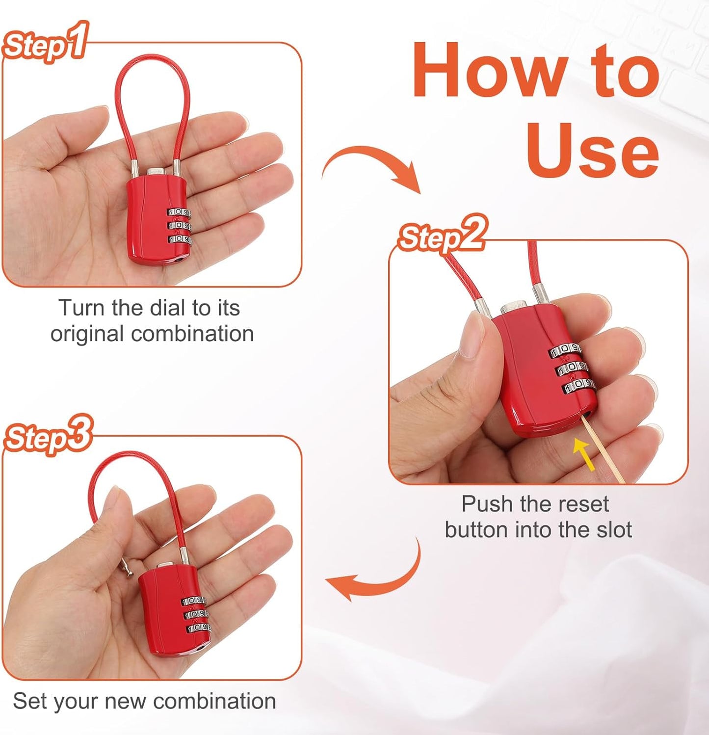 MECCANIXITY 2 Pcs Luggage Travel Lock, 3 Digit Cable Combination Lock 1-3/16" Width Body with 5"