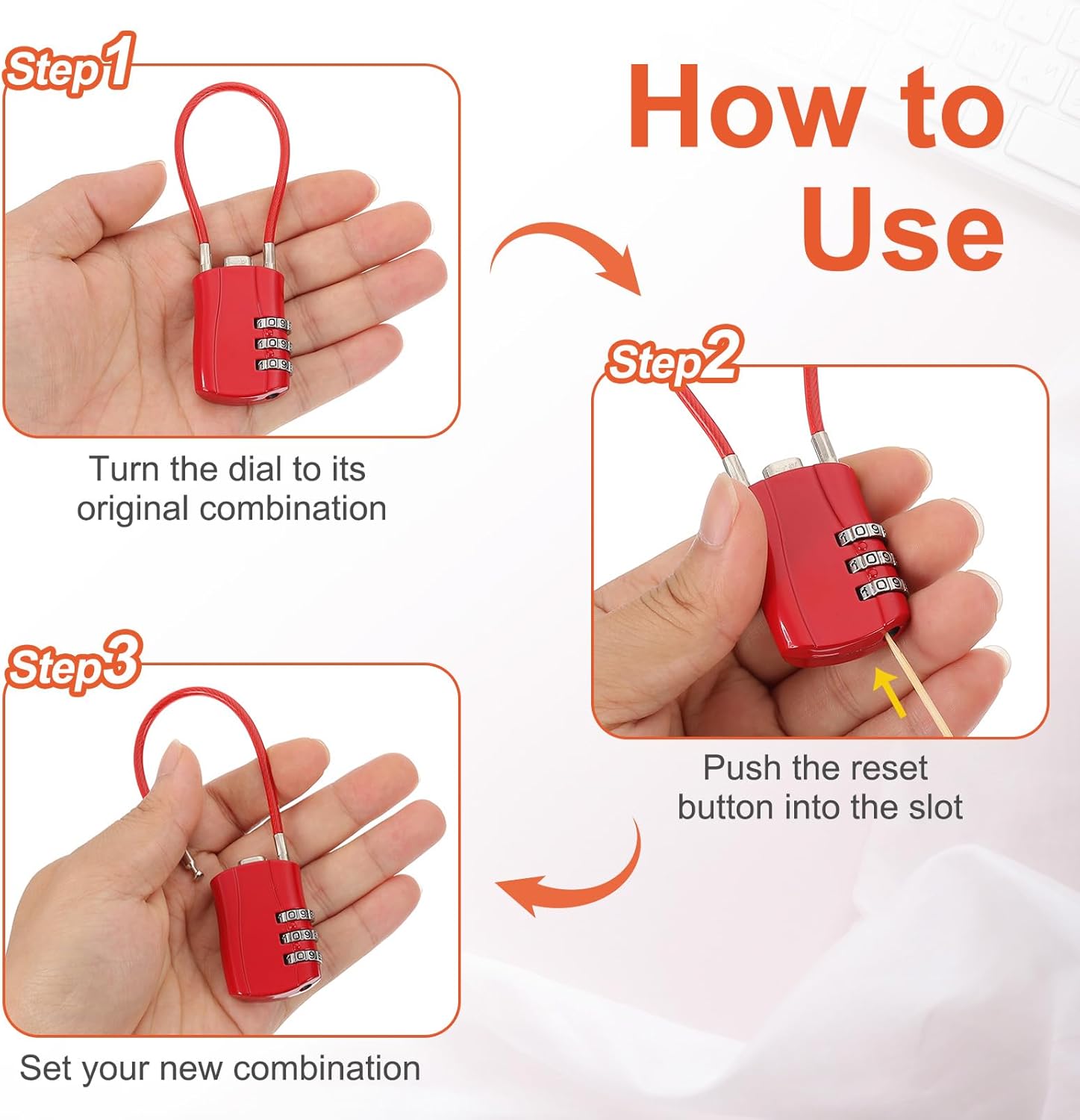 MECCANIXITY 2 Pcs Luggage Travel Lock, 3 Digit Cable Combination Lock 1-3/16" Width Body with 5"