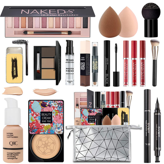 All in One Makeup Kit for Women Full Kit, Make Up Gift Set for Women Teens Girls, Includes Eyeshadow Foundation CC Lipstick Mascara Brush Sponge Brow Powder Soap Eyeliner Primer Contour Cosmetic Bag