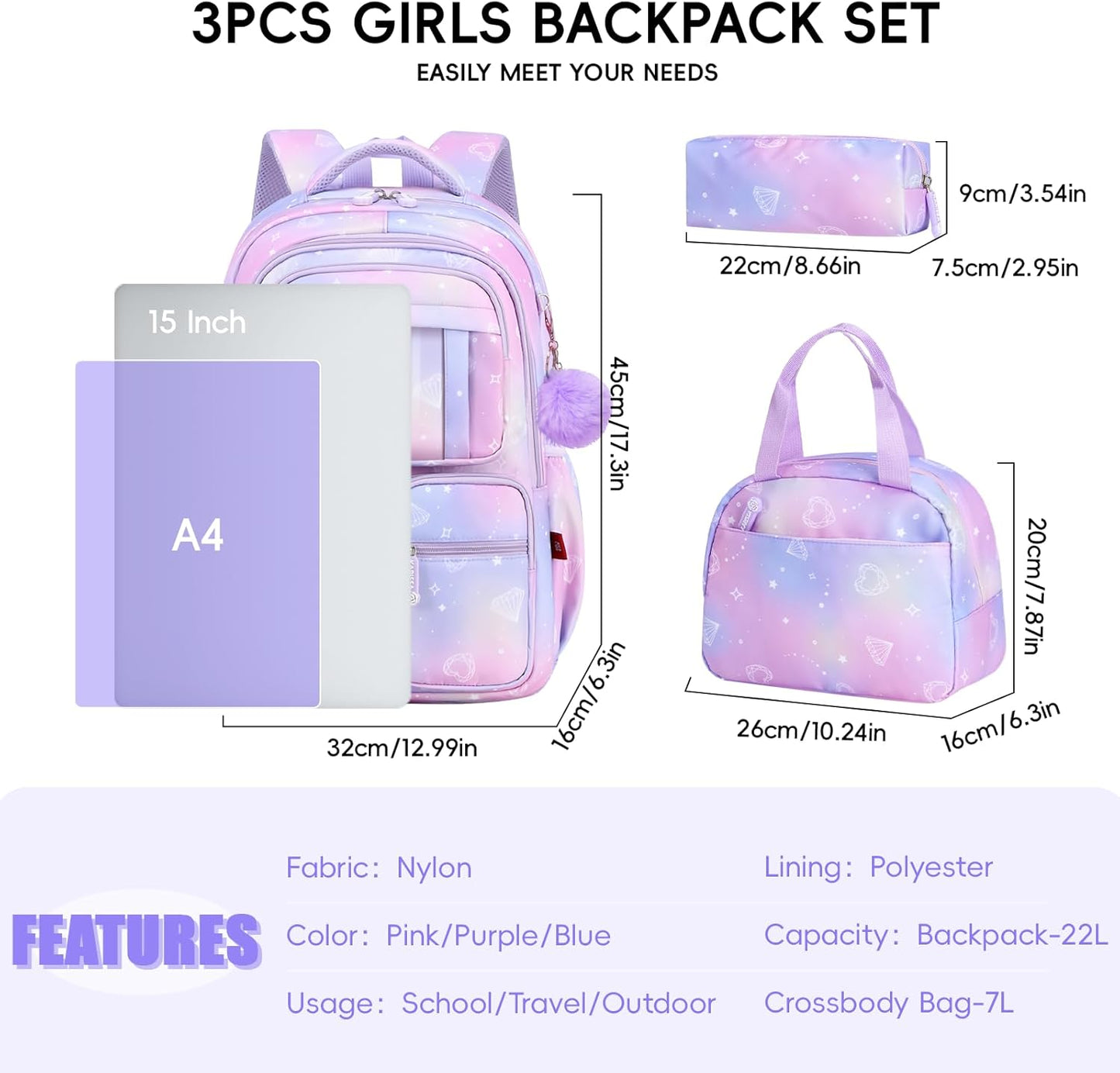 Tanou Backpack with Lunch Box for Girls, Kawaii Set School Bag for Kid Elementary Middle School, Aesthetic Laptop Bookbag Lightweight, Purple