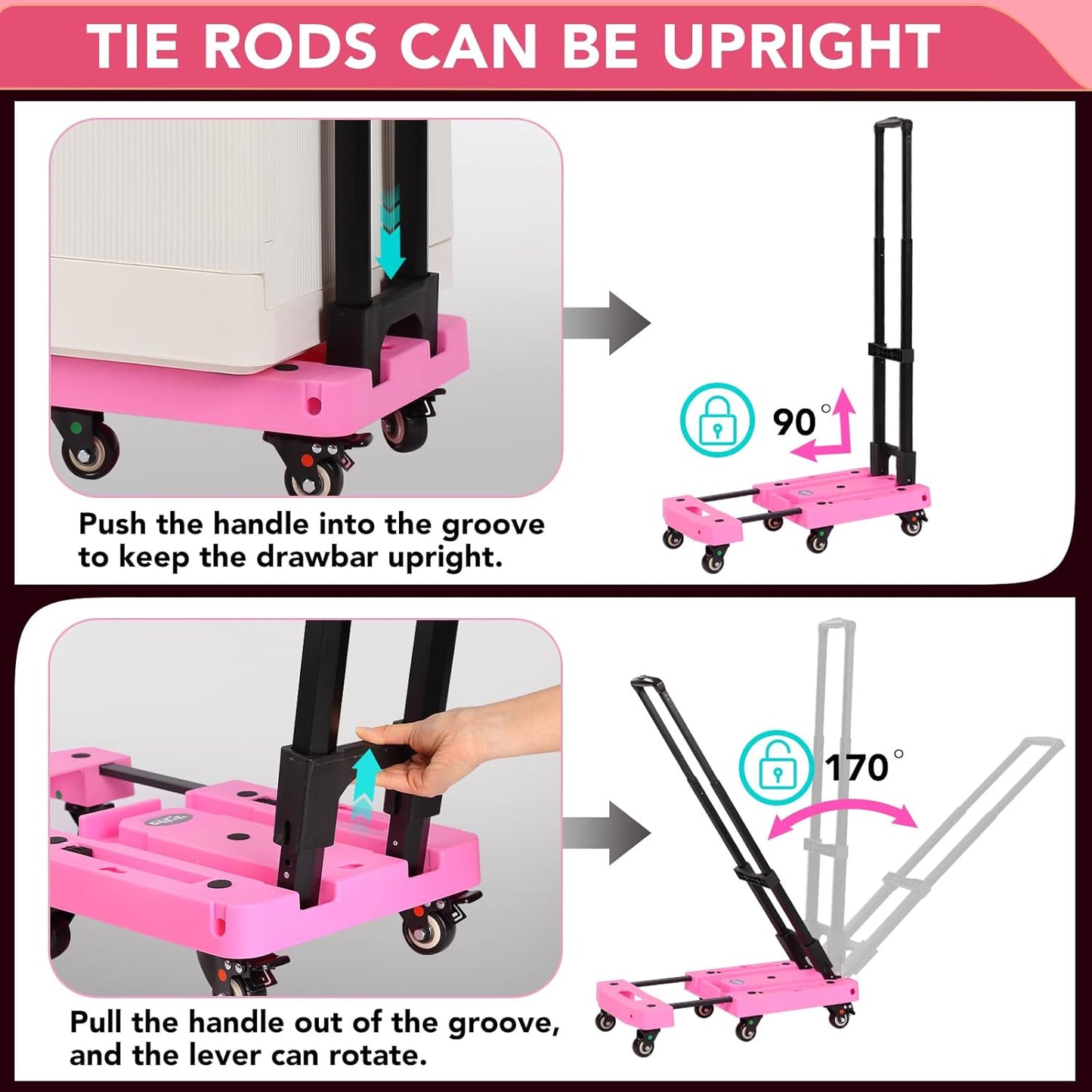 Folding Hand Truck Lightweight Hand Truck Dolly Foldable,Luggage cart with 6 Rotate Wheels, Utility Cart with Adjustable Handle,Collapsible Dolly for Moving-Pink