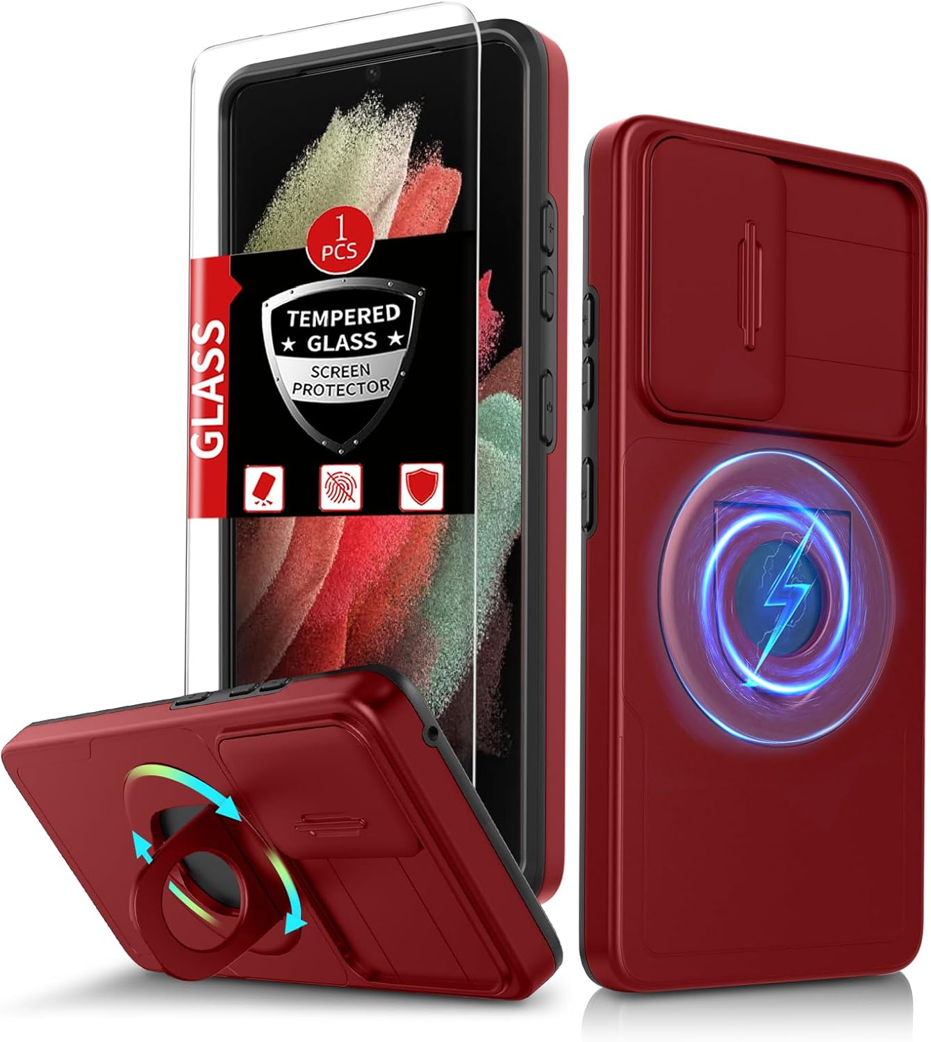 for Samsung Galaxy S21 Ultra Case Magnetic Compatible with MagSafe Wireless Charging,with Screen Protector,Built-in Stand Ring+Camera Cover Anti-Scratch Shockproof Heavy Duty Protection Red
