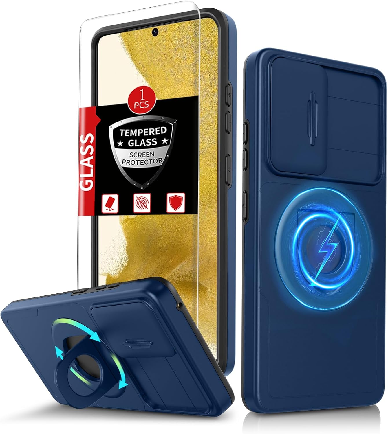 for Samsung Galaxy S22 Plus Case Magnetic Compatible with MagSafe Wireless Charging,with Screen Protector,for S22+Plus Case with Stand Ring+Camera Cover Shockproof Heavy Duty Protection Blue