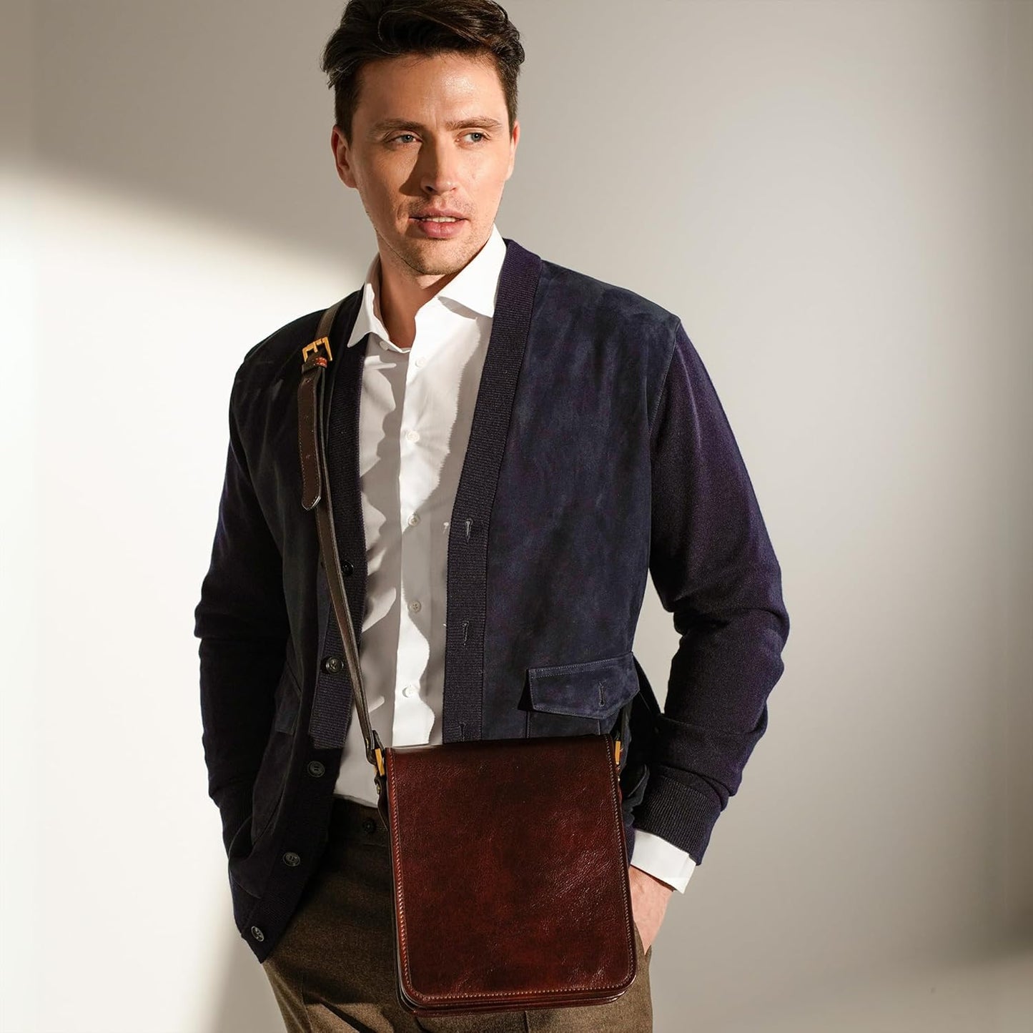 Time Resistance Italian Leather Messenger Bag for Men - Full Grain Leather Men's Crossbody Bag - Tablet Sized Shoulder Bag