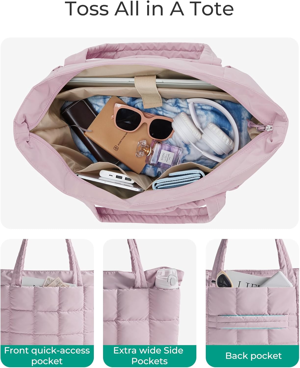 BAGSMART Expandable Tote Bag for Women, Puffer Work Tote Handbag, Quilted Carry-On Travel Gym Bag