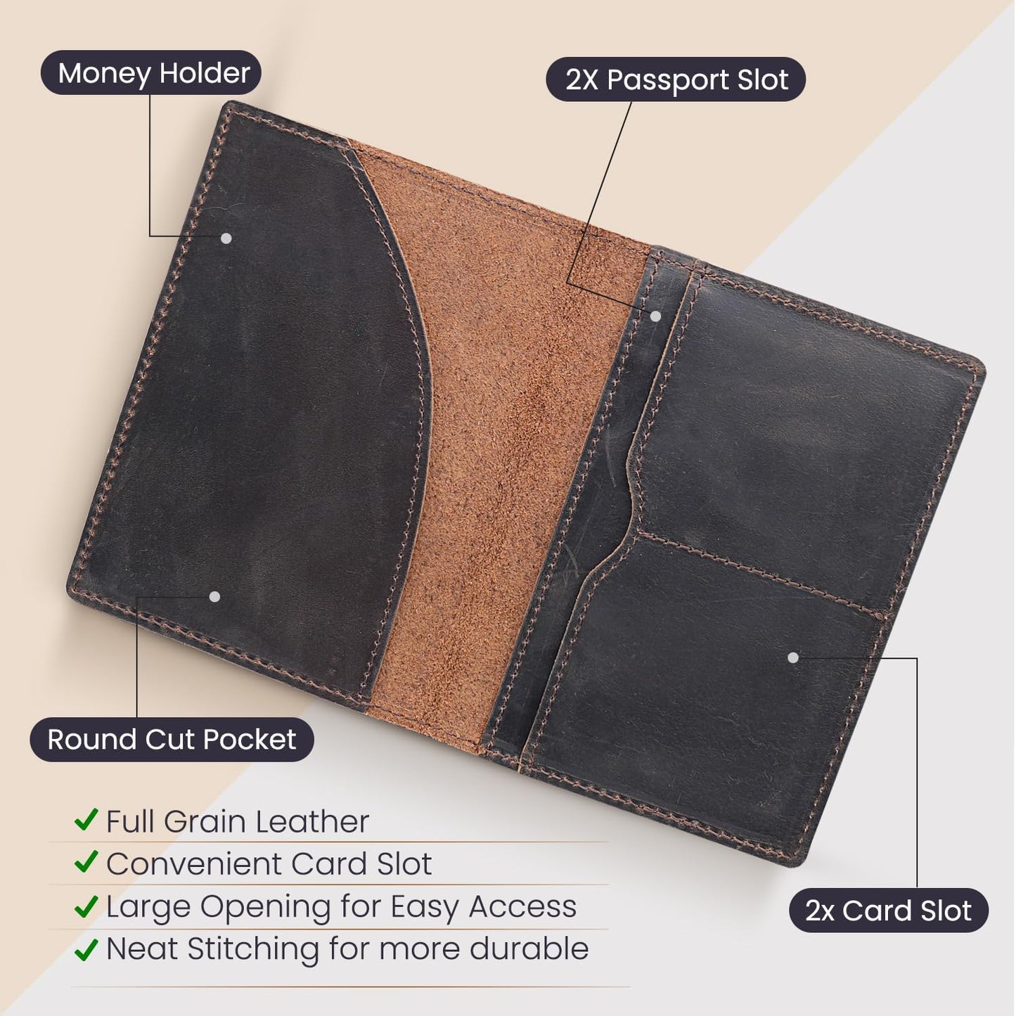 Leather Passport Holder with Travel Wallet, Genuine Leather Passport Cover- Passport Wallet