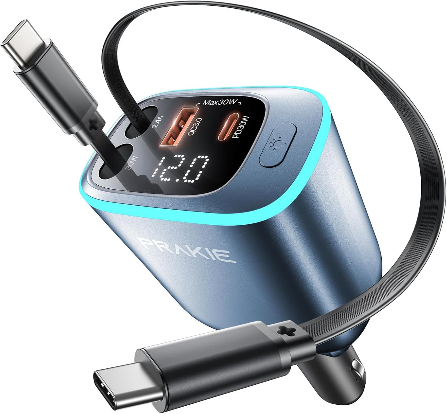 Car Charger, iPhone USB C Cable Retractable Fast USB C Phone Charger, Cigarette Lighter Adapter with 2 USBC Cables 30 Inch and 2 USB Ports, Multi Port Car Charging for iPhone 17/16/15/Pro Max-Blue