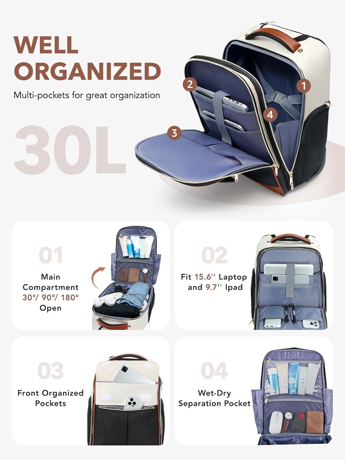 Rolling Backpack for Women, Large Travel Backpack with Wheels Carry on Flight Approved, 17 Inch Laptop Wheeled Roller Bag Suitcase Luggage for Work Bussiness Weekender (Beige,L Underseat Size)