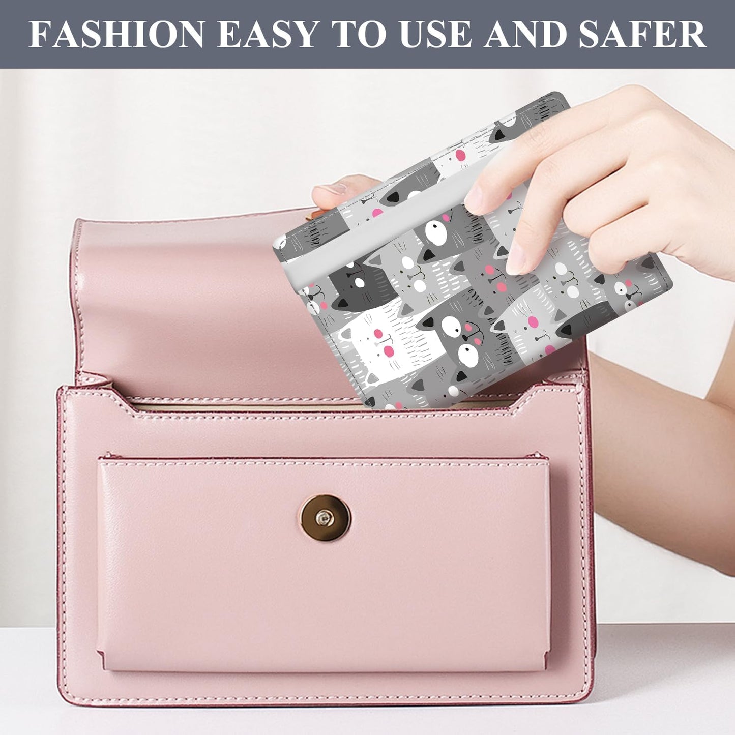 Passport Holder for Travel Essentials, RFID Premium Leather Passport Wallet Cover Case for Travel Must Haves Accessories, Passport Book Holders for Women Men Cute Grey Cats