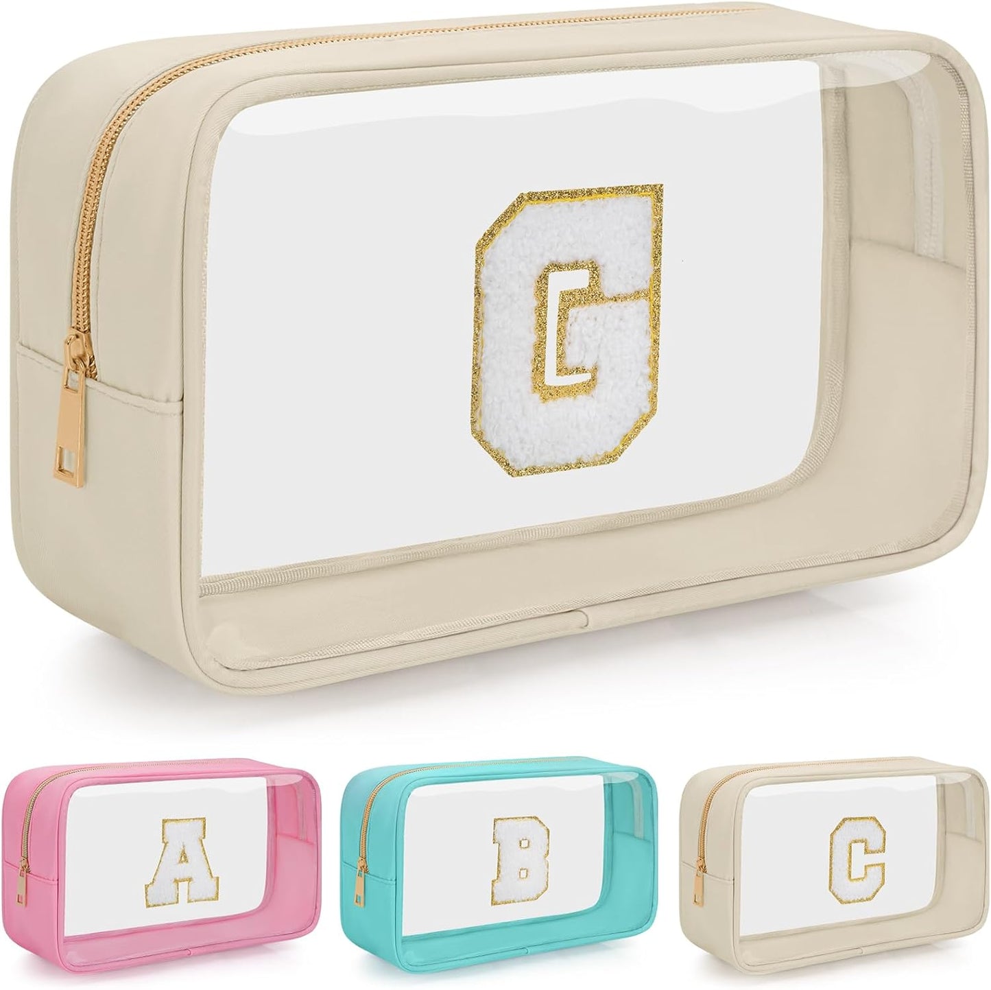 Personalized Initial Clear Makeup Bag, Travel Chenille Patch Cosmetic Bag, Preppy Toiletry Bag Monogram Cosmetic Pouch with Zipper, Ideal Gift for Teen Girls Women (Clear-Beige, G)
