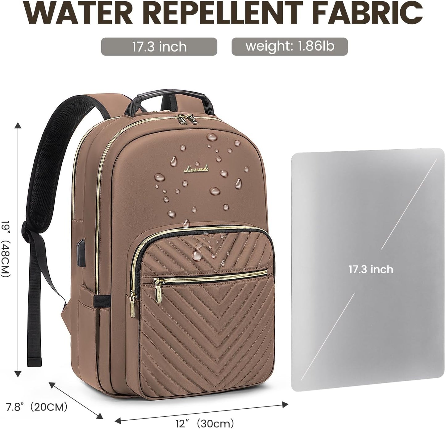 LOVEVOOK Laptop Backpack for Women 17.3 inch,Cute Womens Travel Backpack Purse,Professional Laptop Computer Bag,Waterproof Work Business College Teacher Bags Carry on Backpack with USB Port,Brown