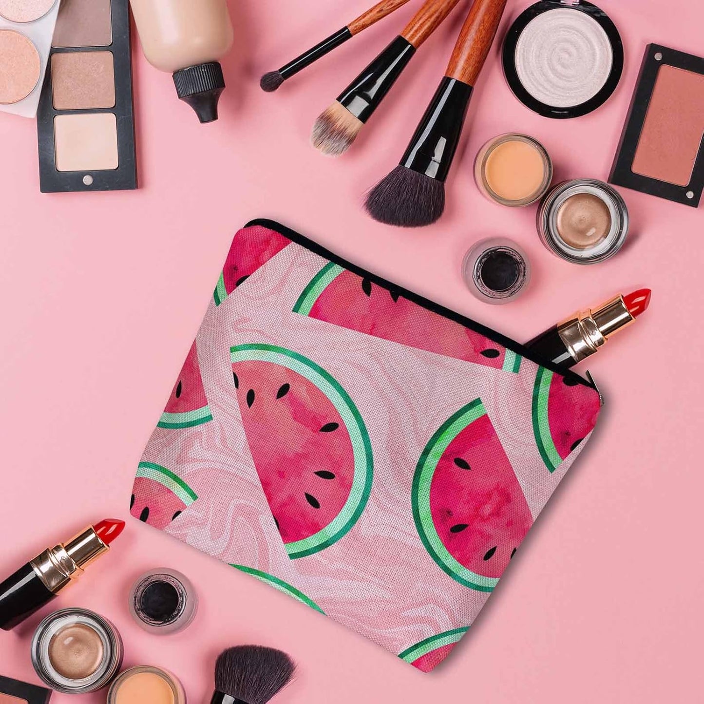 Watermelon Makeup Organizer Bag Cosmetic Bag For Men Women, Summer Watermelon Pink Travel Toiletry Bag Flax Makeup Bags Purse Business Makeup Pouch For Toiletries Cosmetics