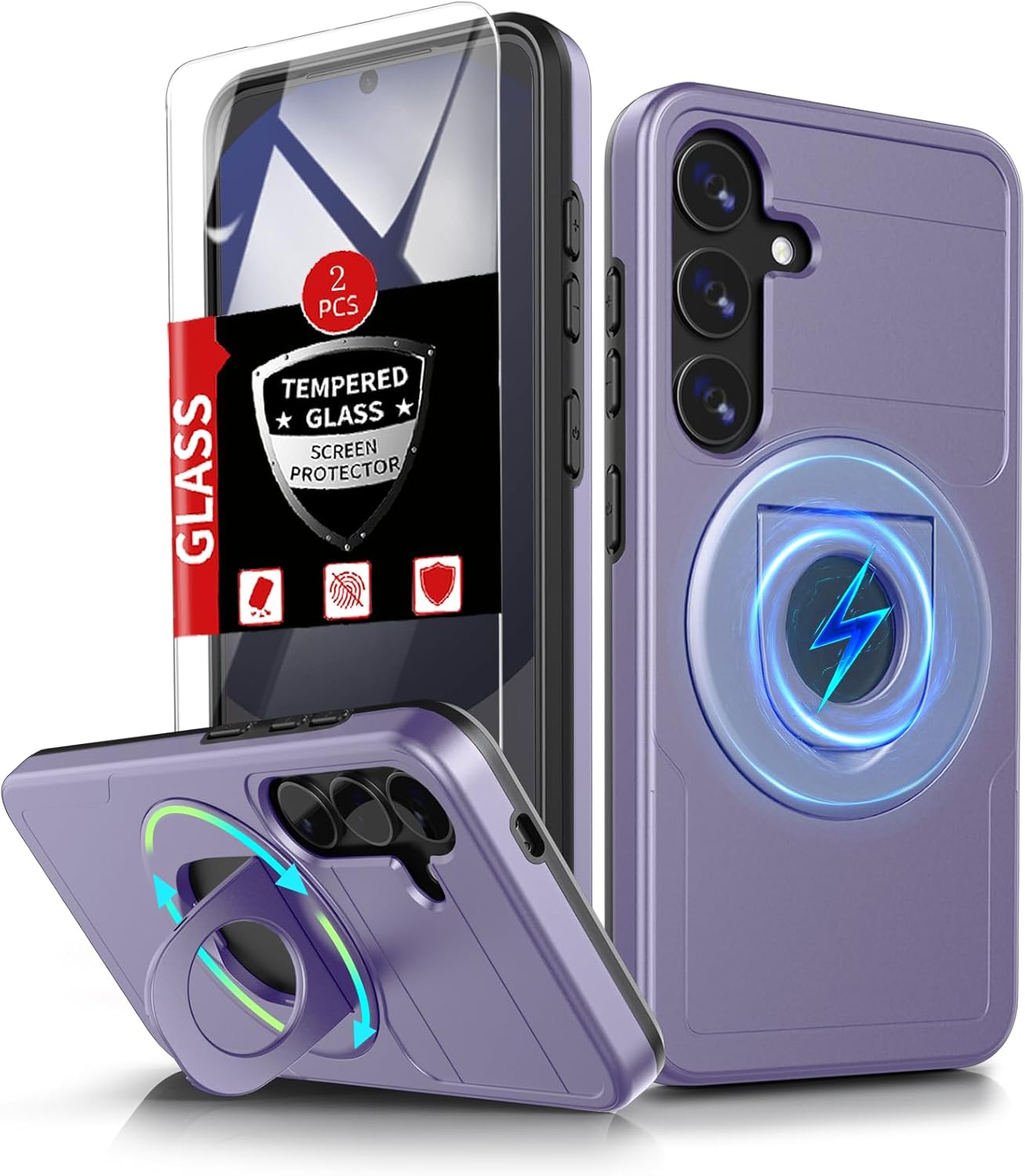 for Samsung Galaxy S24 FE Case Magnetic Compatible with MagSafe Wireless Charging,with 2 Screen Protectors,for S24 FE Case with Stand Ring Anti-Scratch Shockproof Heavy Duty Protection Purple