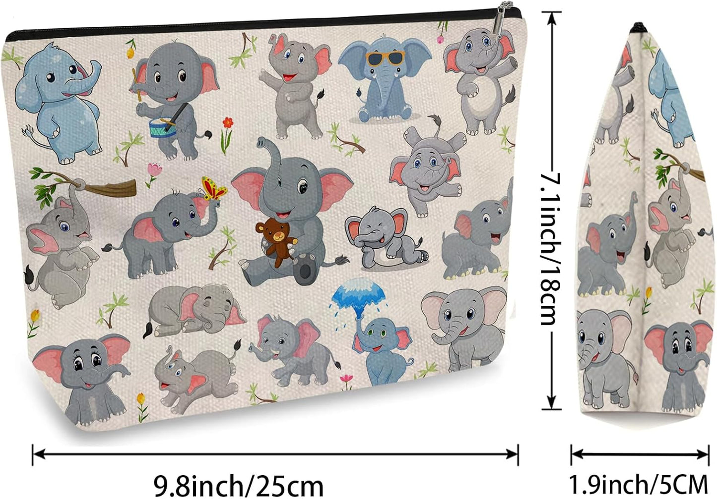 DOOX Elephant Makeup Bags with Lining, Funny Cosmetic Bags Pencil Pouch - Double-Sided Print - Cute Birthday & Christmas Elephant Gifts for Daughter, Sister, Women