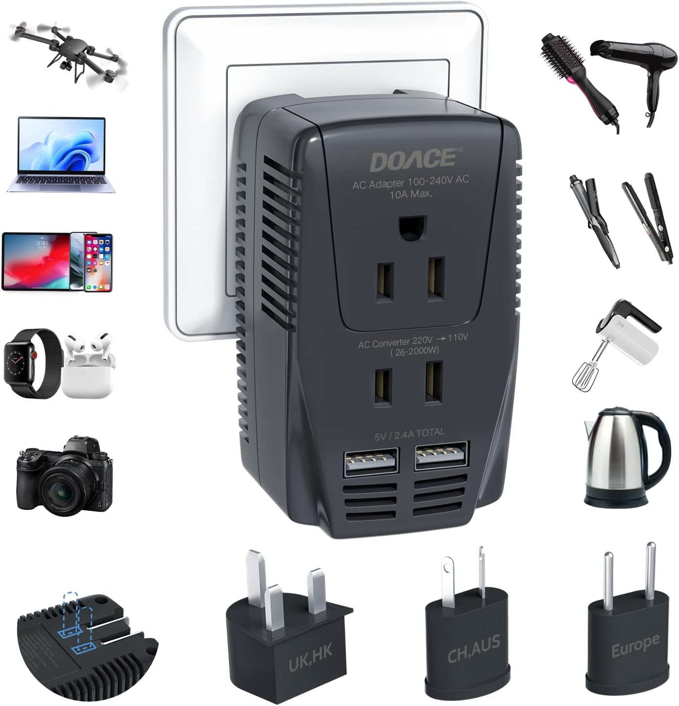 Upgraded 2000W Voltage Converter US to Europe -220V to 110V Converter for European Travel for Hair Dryer Straightener, 2300W with PD Charger for Tablet Camera Cell Phone