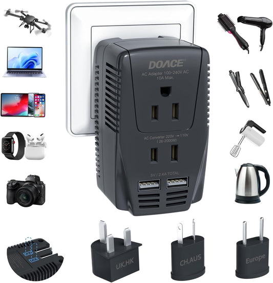 Upgraded 2000W Voltage Converter US to Europe -220V to 110V Converter for European Travel for Hair Dryer Straightener, 2300W with PD Charger for Tablet Camera Cell Phone