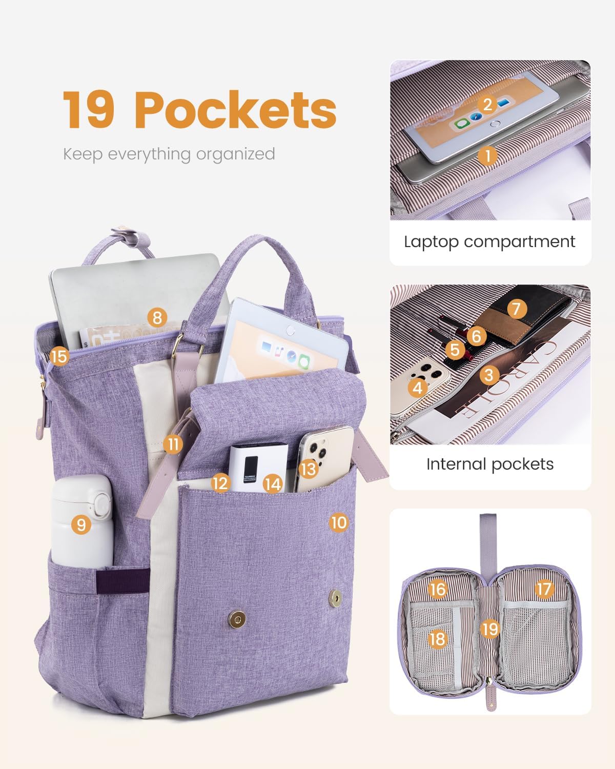 LOVEVOOK 17 Inch Backpack for Women, Laptop Bag Teacher Nurse Work Bags, Large Travel Backpack Business Computer Laptop Bag, College Backpack Stylish Daypack, Light Purple