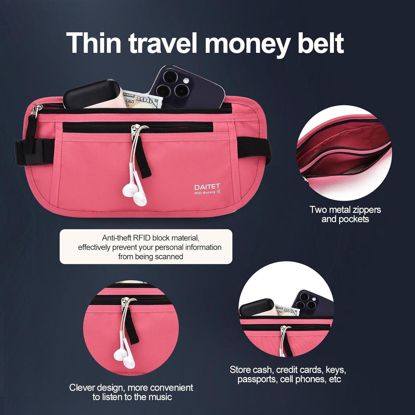RFID Blocking Money Belt for Men Women, Slim Fanny Pack for Travel，Running,Conceal Waist Wallet for Passport Holder,Phone,Cash(Hot Pink)
