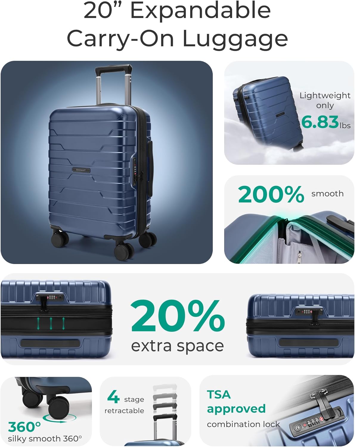 BAGSMART Carry On Luggage 22x14x9 Airline Approved with Spinner Wheels,Lightweight 20 Inch Luggage with TSA Lock,Expandable Hard Shell Carry On Suitcases for Men Women,Dark Blue