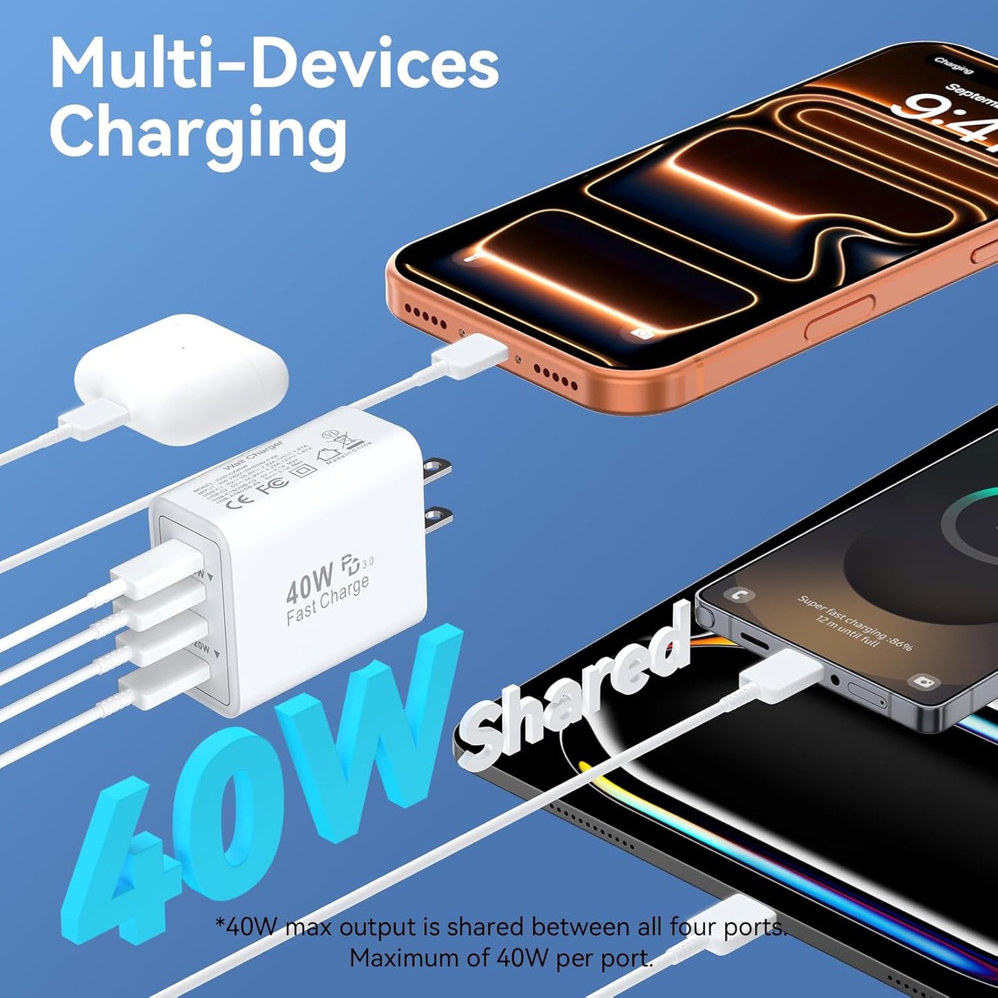 USB C Charger Block, 40W 4 Ports Type C Charger Fast Phone Charging Cubes USBC Plugs for Wall Outlet Brick Power Adapter Box for iPhone 16/15/14/13/12/11 Pro Max, iPad, Galaxy, Pixel, 2Pack