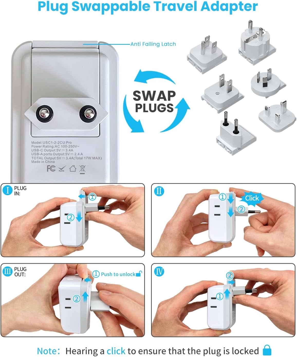 VINTAR Universal Travel Adapter Kit, International Power Adapter with 4 AC & 3 USB Ports(2 USB C), Type A,B,C,E/F,G,I, Swap Adapt Attachments, Travel Adapter Worldwide for Europe/UK/Aus/Japan/Africa