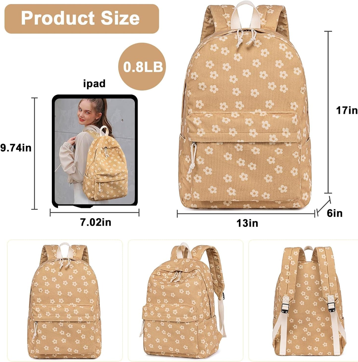 School Backpack for Teen Girls Bookbags Elementary High School Corduroy Laptop Bags Women Travel Daypacks