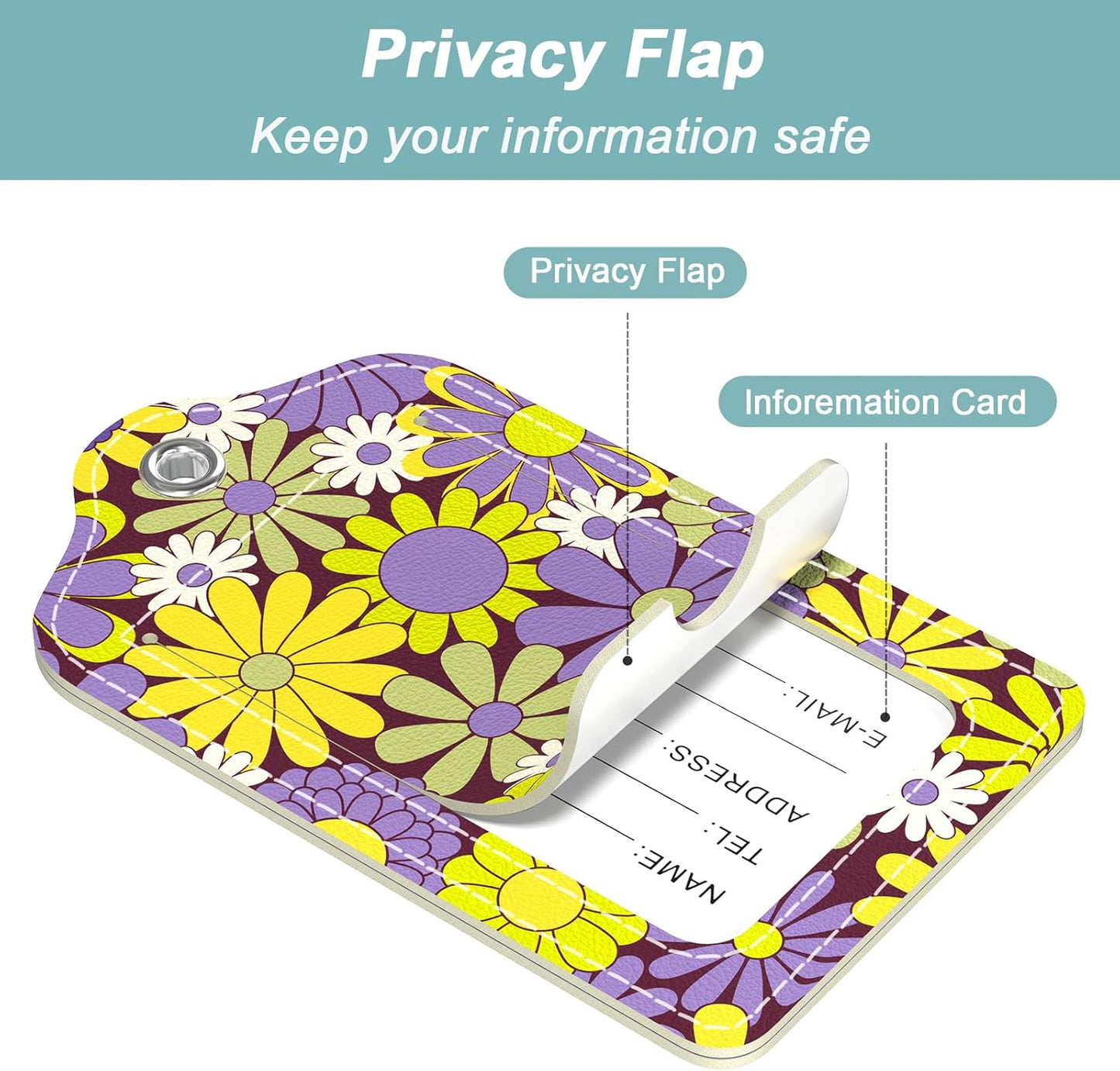 Rimilak 3 Pcs PU Leather Luggage Tags for Suitcase, Travel Cruise Luggage Tag with Privacy Flap, Name ID Label and Metal Loop for Women Men Baggage Handbag School Bag Backpack, Small Flower