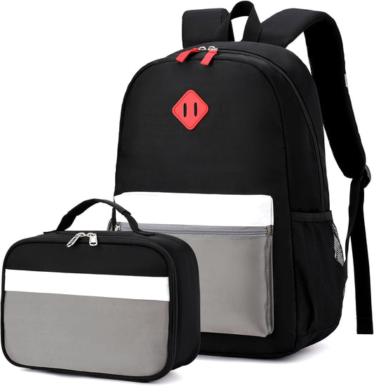Kids Backpack Lunch Box Set Kindergarten School Backpacks 3-6 Years for Boys and Girls with Chest Buckle (Set Black Grey, Medium-15 H)