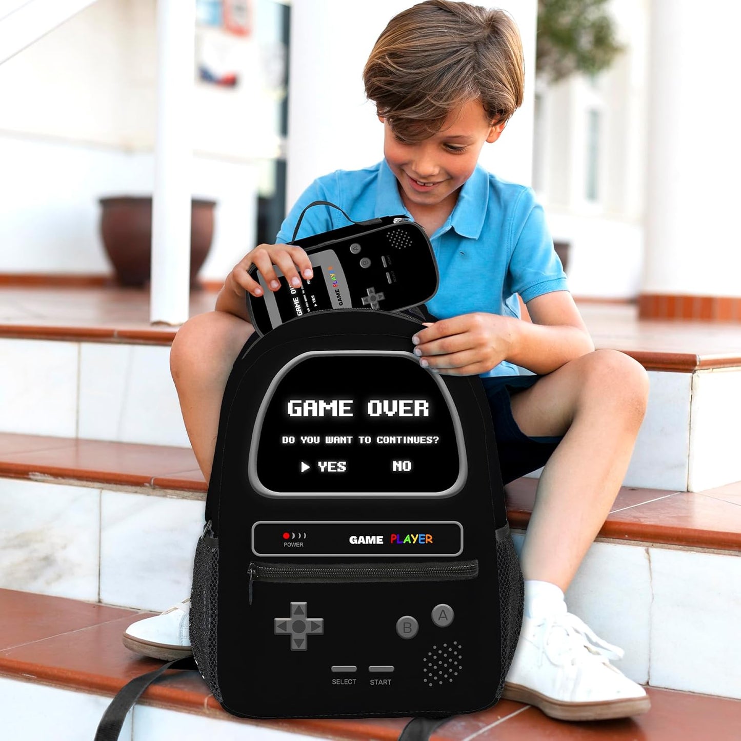 School Backpack With Lunch Bag and Pencil Case For Boys Gamer Backpack For Boys Kids Teens Video Game Bookbag Game Large Travel Laptop Backpacks (Black set)