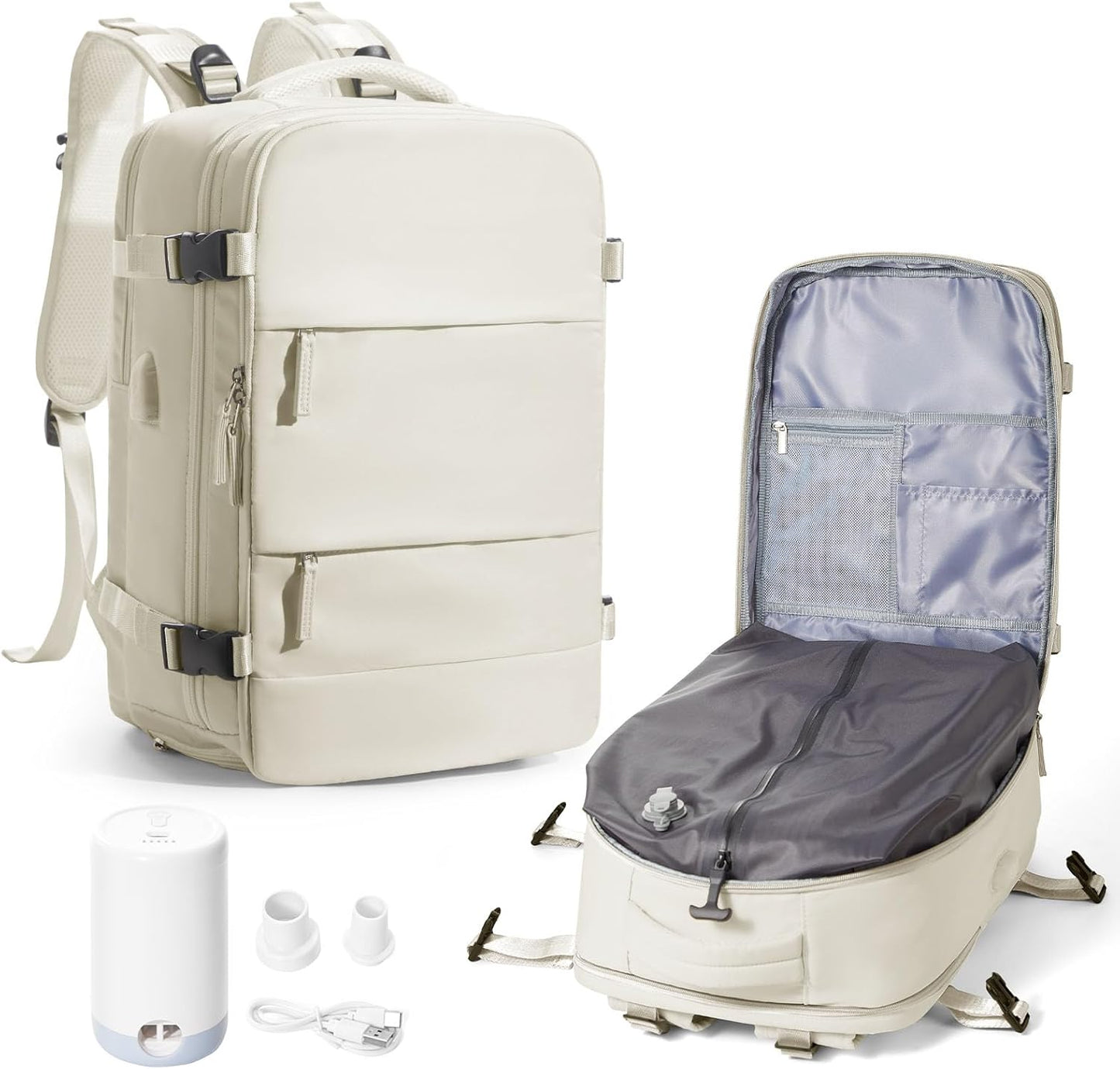 Vacuum Backpack Travel with pump,Flight Approved 18x14x8 Inches,Personal Item Travel Bag,Vacuum Seal Compression Backpack with Pump for Travel, 15.6 Inches Laptop Bag for Men,Beige