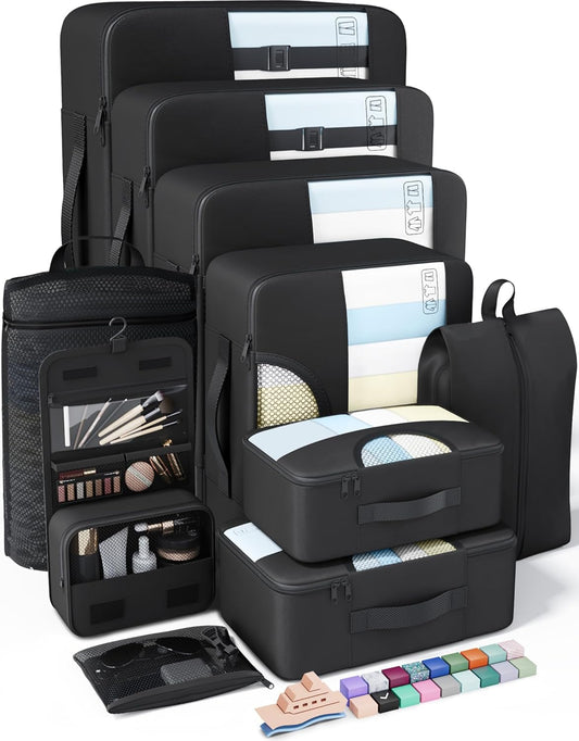 Veken 10 Set Packing Cubes for Travel Essential, Suitcase Organizer Bags in 4 Sizes, Carry-On Luggage Accessories with Large Laundry & Hanging Toiletry Bag, Must-Have for Airplane, Road Trip & Camping
