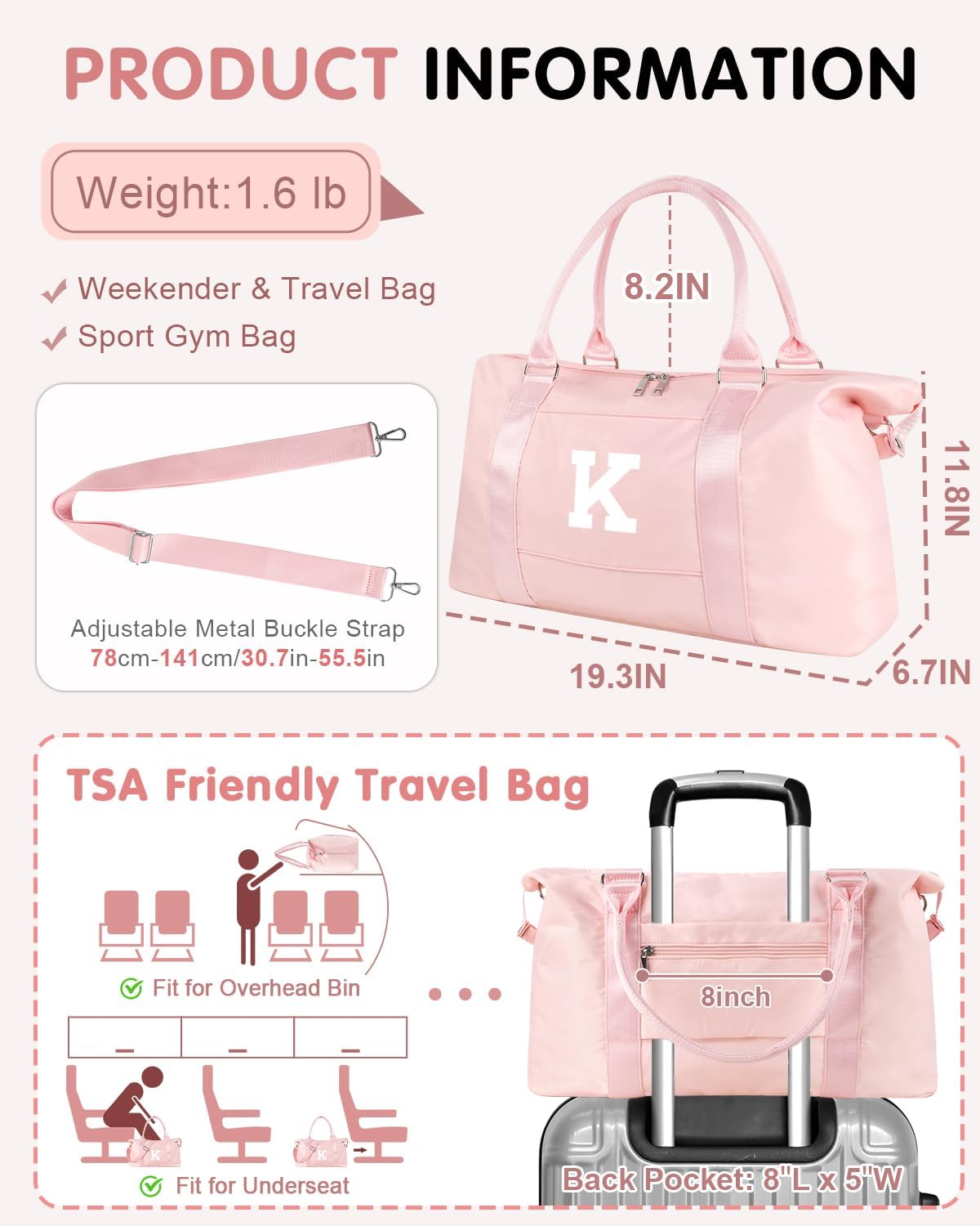 Initial Travel Duffel Bag Sports Gym Bag for Girls Teen Birthday Gifts,Pink Personalized Weekender