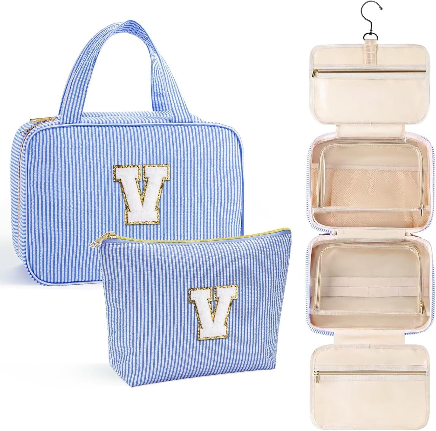 YOOLIFE Travel Toiletry Bag for Women - Hanging Toiletry Bag Makeup Bag, Portable Toiletries Cosmetic Bag, Airplane Travel Essentials - Letter V, Blue