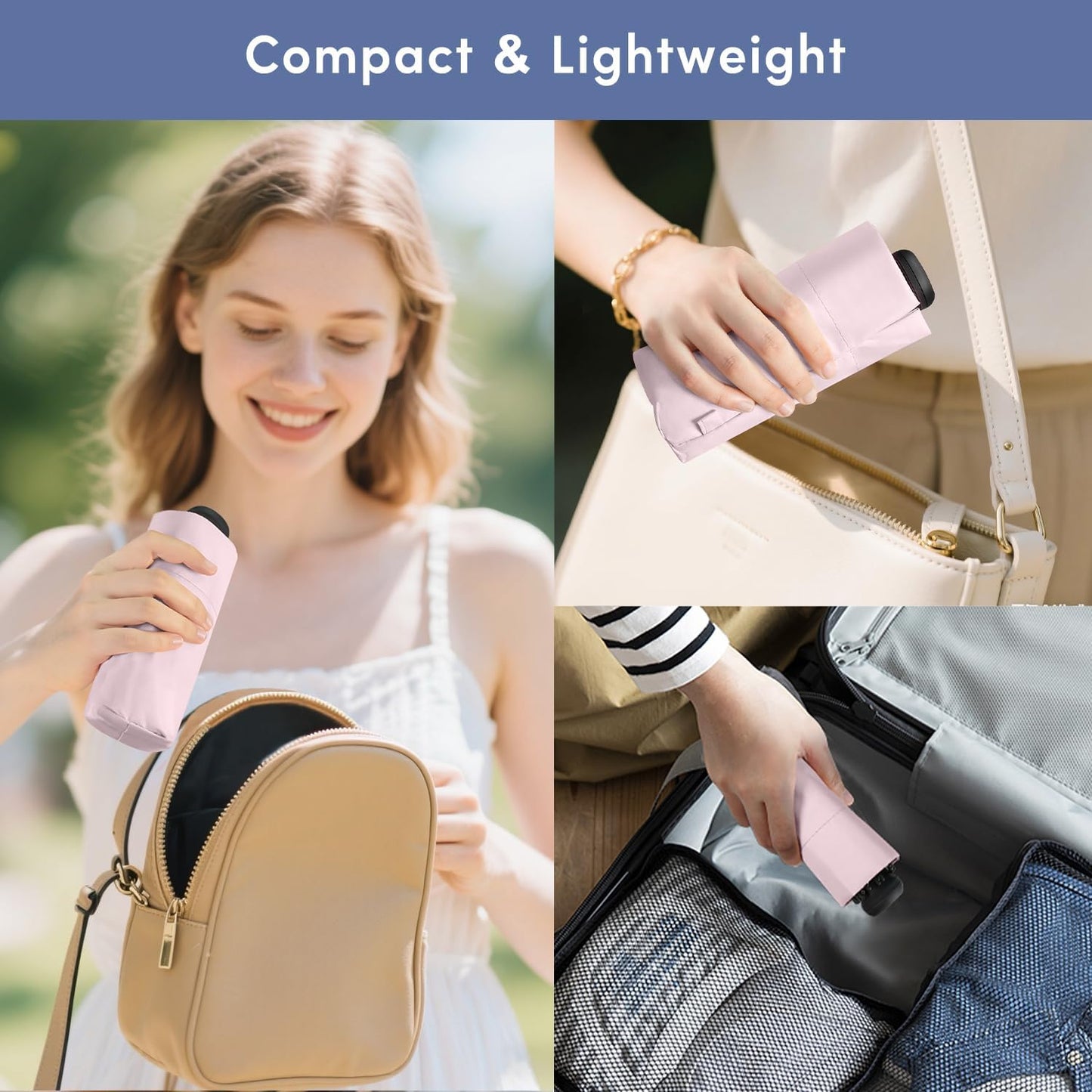 LEAGERA UPF 50+ Mini Umbrella for Travel - Compact Folding Sun Umbrella for Walking Summer Lightweight Purse Small Umbrellas for Women Girls