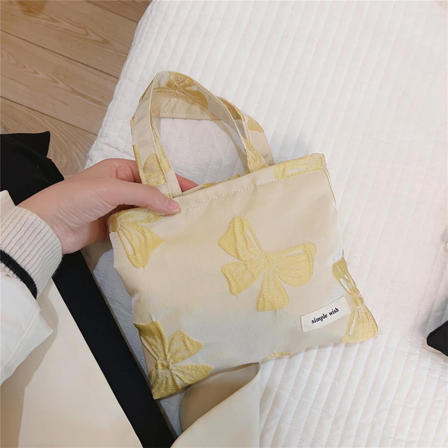 Wudygirl Makeup Bag Travel Cosmetic Bag for Women Small Makeup Pouch with Handle Zipper Cosmetic Pouch Handbag Aesthetic (Yellow Bow)