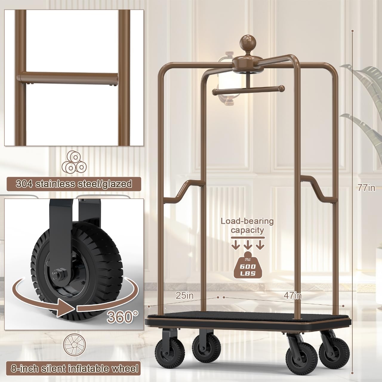 Hotel Luggage Cart,1500 lbs Bellman Trolley, 47"x25"x77" Brushed Stainless Steel, 8" Silent Rubber Pneumatic Wheels, Nylon Carpet Deck Bumper Rails – for Hotels, Resorts & Condos (Spherical top)