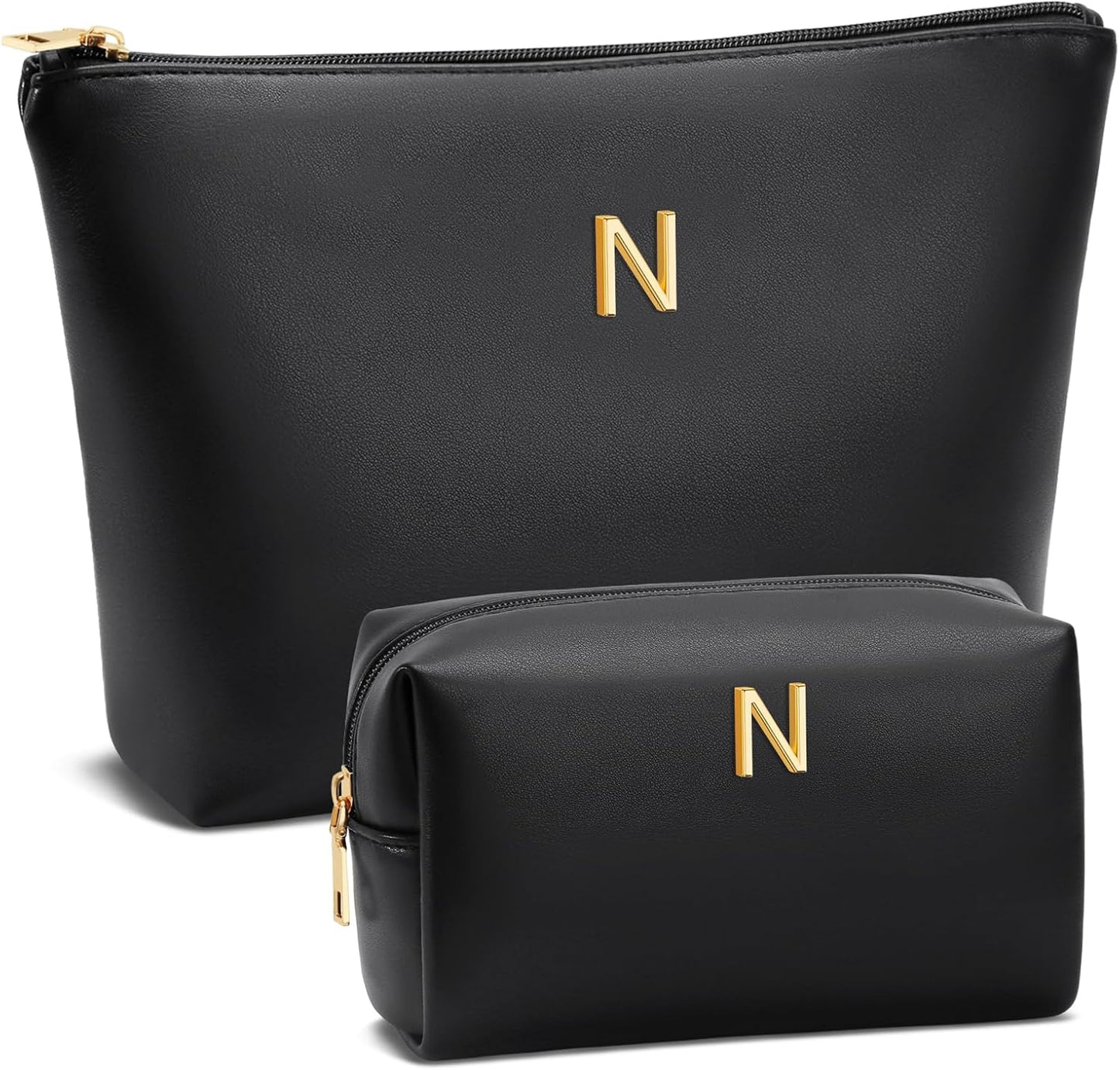 Women Gifts | Initial Makeup Bag Set for Girl Personalized Gifts for Bridesmaid Friend Graduation Teachers PU Leather Cosmetic Travel Toiletry Bag(Black,N)
