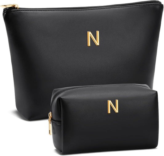 Women Gifts | Initial Makeup Bag Set for Girl Personalized Gifts for Bridesmaid Friend Graduation Teachers PU Leather Cosmetic Travel Toiletry Bag(Black,N)