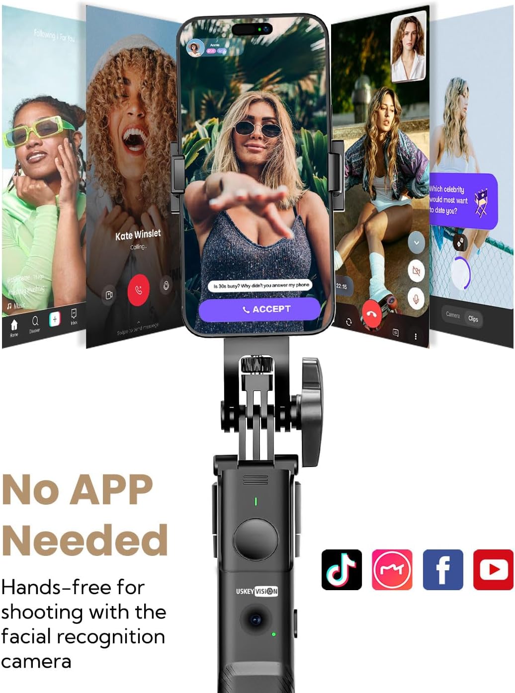 USKEYVISION Auto Face Tracking Tripod for iPhone 360°Rotation,Selfie Stick for Android w/Remote&Ground Spike,68” Phone Tripod Stand That Follows Your Movement for Video Recording,Vlogging(R01)
