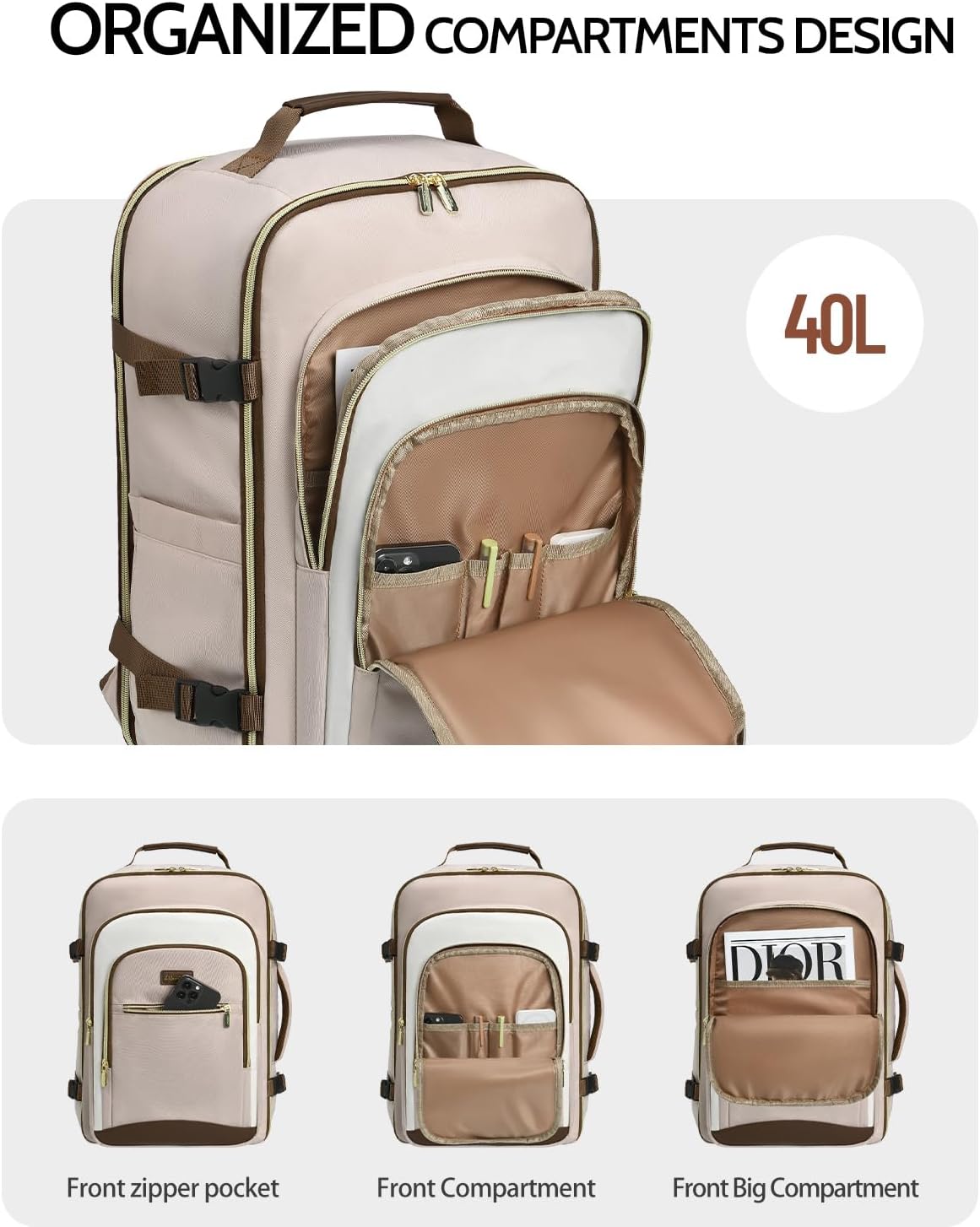 40L Travel Backpack for Women, Carry On Bag Flight Approved, Waterproof Backpack with 3 Packing Cubes, Weekender Personal Item Bag for Airplane Travel Essentials, TSA Approved