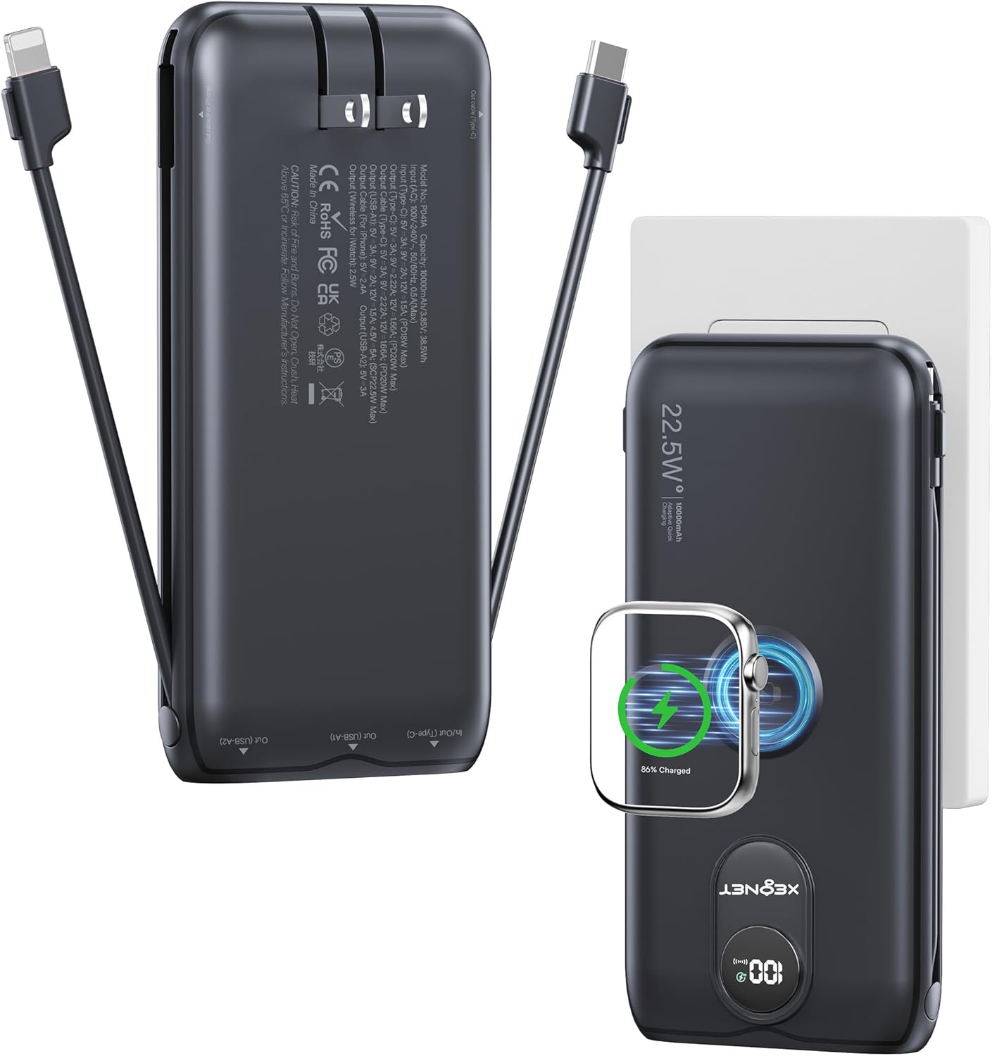Portable Charger, 10000mAh 22.5W Fast Charging Power Bank with Built in Cable & Wall Plug, Travel Essential Battery Pack with LED Display, External Charger for iPhone, iWatch 11/10/9/8/Ultra/SE Black