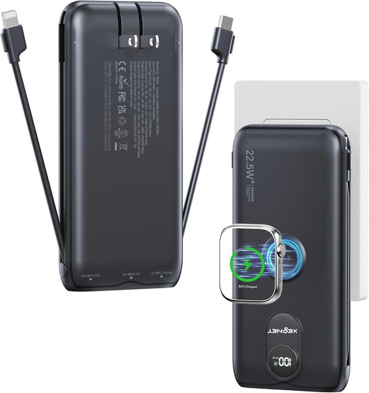 Portable Charger, 10000mAh 22.5W Fast Charging Power Bank with Built in Cable & Wall Plug, Travel Essential Battery Pack with LED Display, External Charger for iPhone, iWatch 11/10/9/8/Ultra/SE Black