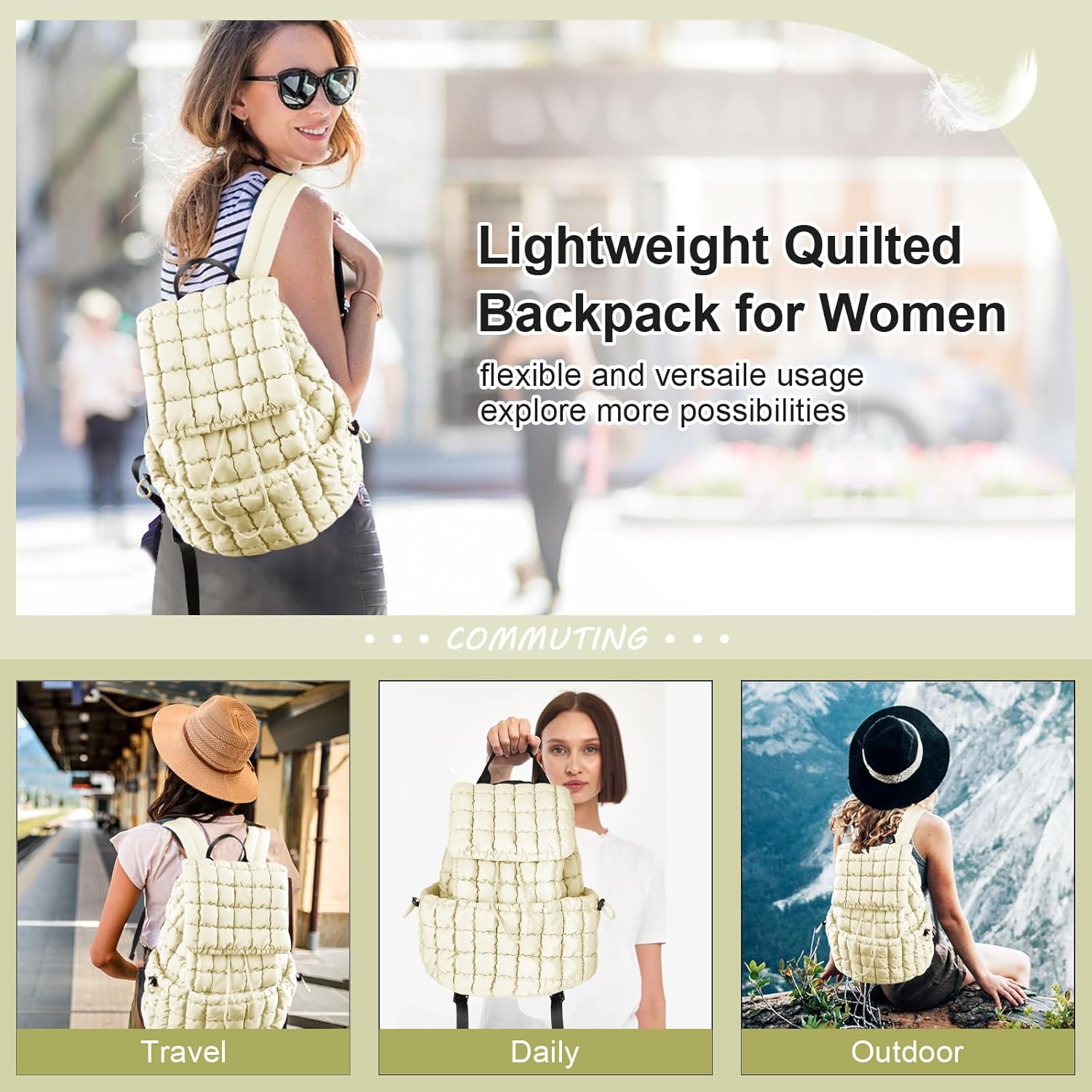 XSUIOY Quilted Backpack Purse for Women Small Lightweight Puffer Puffy College Laptop Backpack