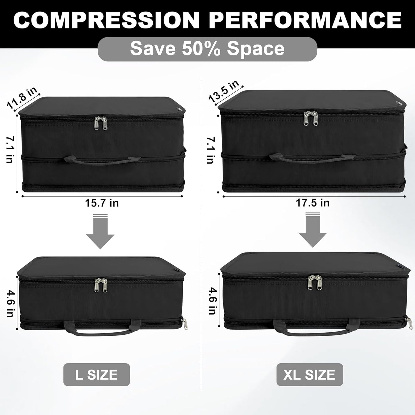 Extra Large Compression Packing Cubes for Travel Essentials, 2 Set Expandable Travel Cubes for Packing Bags Suitcase Organizer, Black