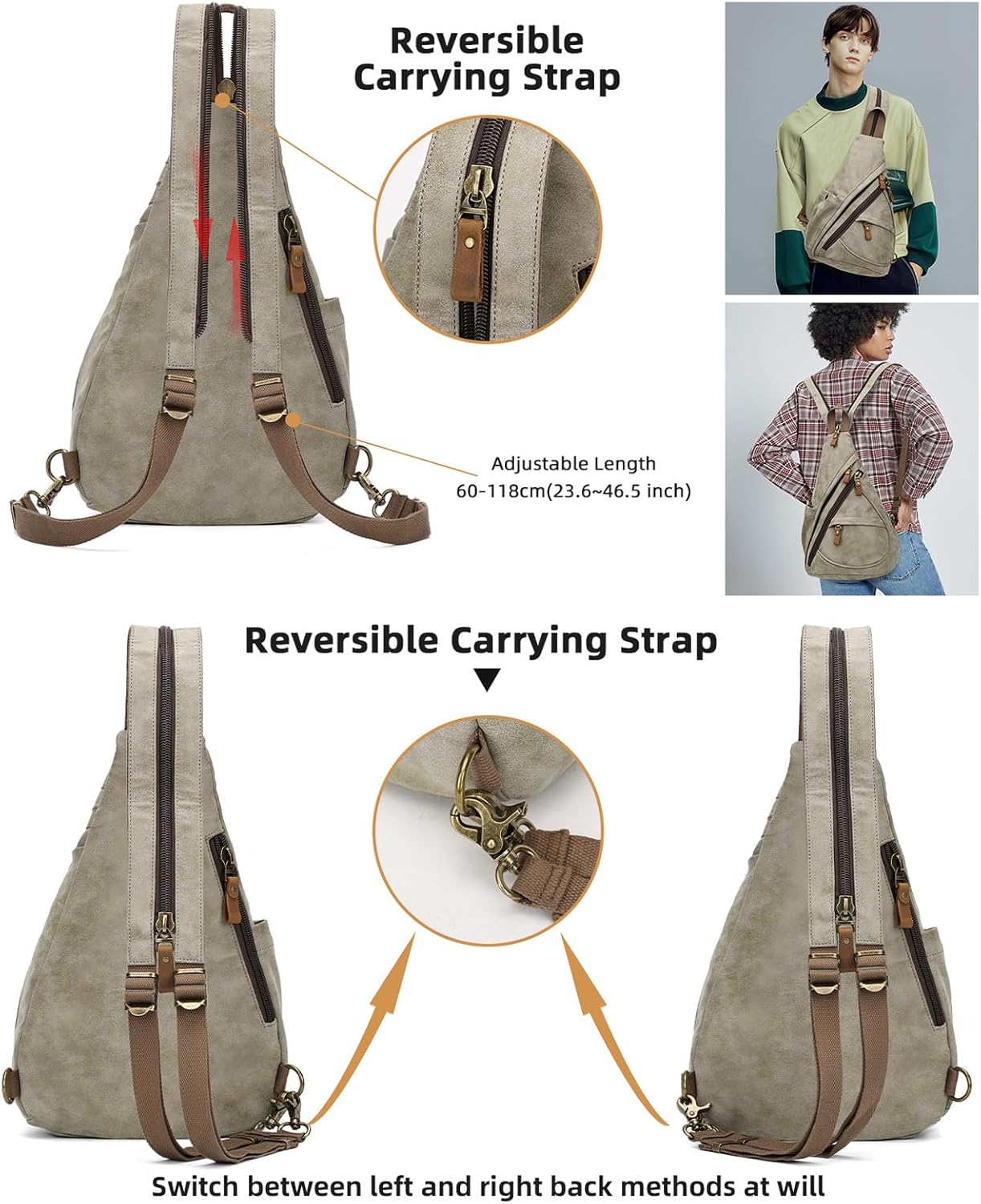 KL928 PU Leather Sling Bag - Small Crossbody Backpack Shoulder Casual Daypack Rucksack for Men Women Outdoor Cycling Hiking Travel (6881-PU-Olive Green)